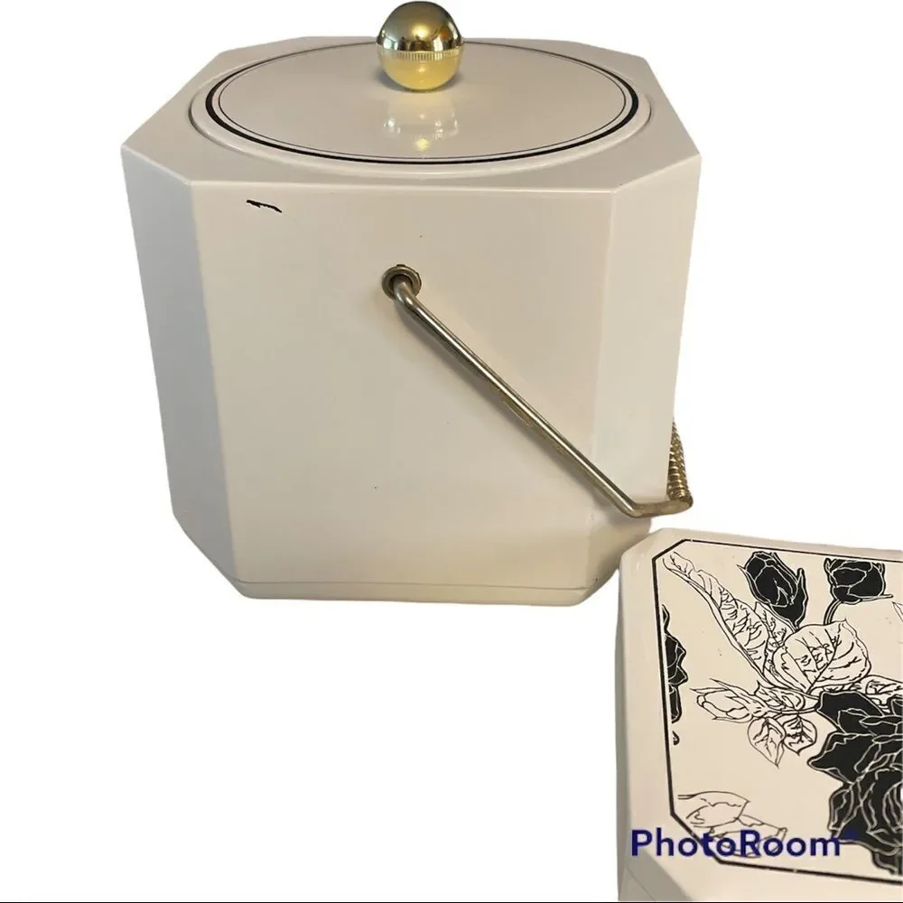 Vintage Mid Century Laquer Ware Ice Bucket and Coasters. Black and white floral.